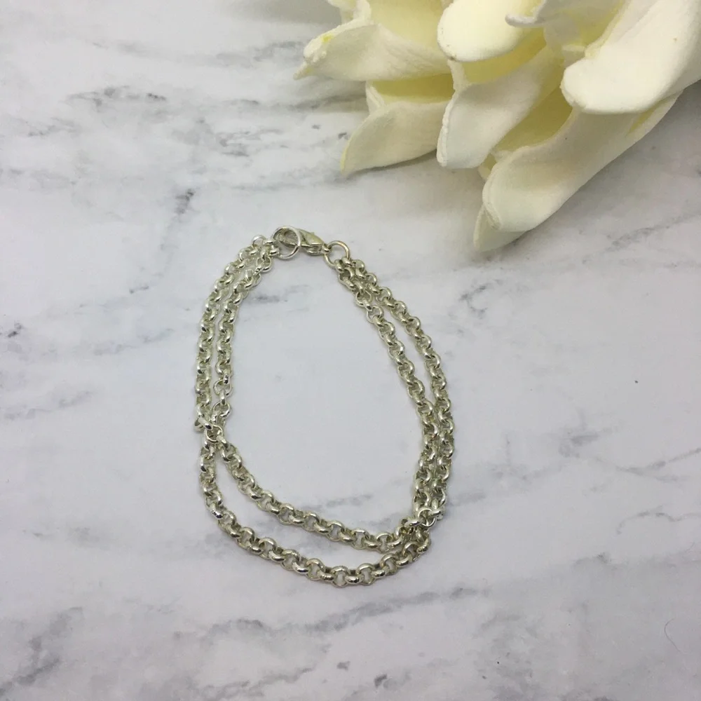 Silver tone bracelet double chain simple